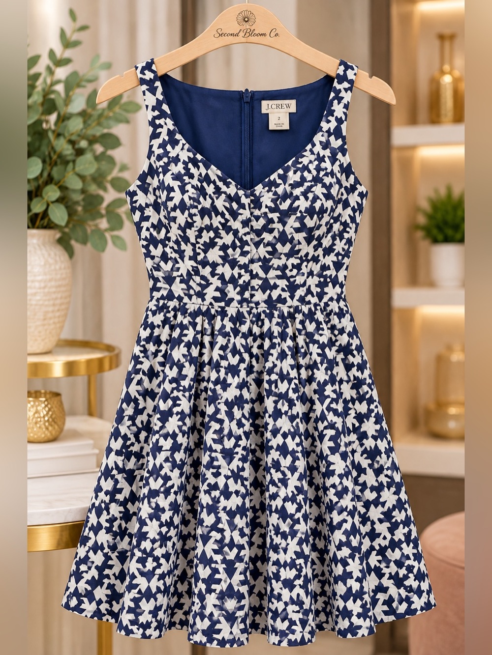 J.Crew Size 2 Navy & Cream Geometric Print Fit & Flare Dress